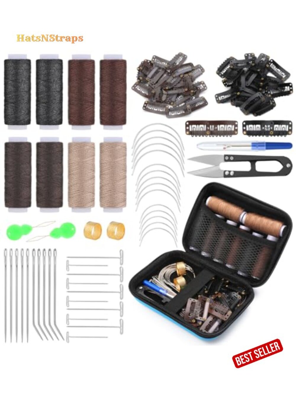 100PCS Hair Extension Wig Making Kit with Storage Box Sewing Threads Clips
